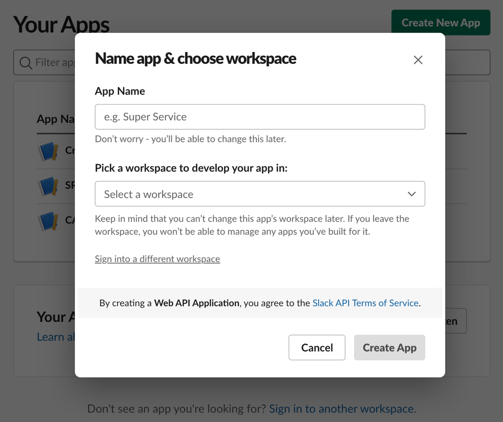 screen shot of the Name App and Choose Workspace steps in Slack