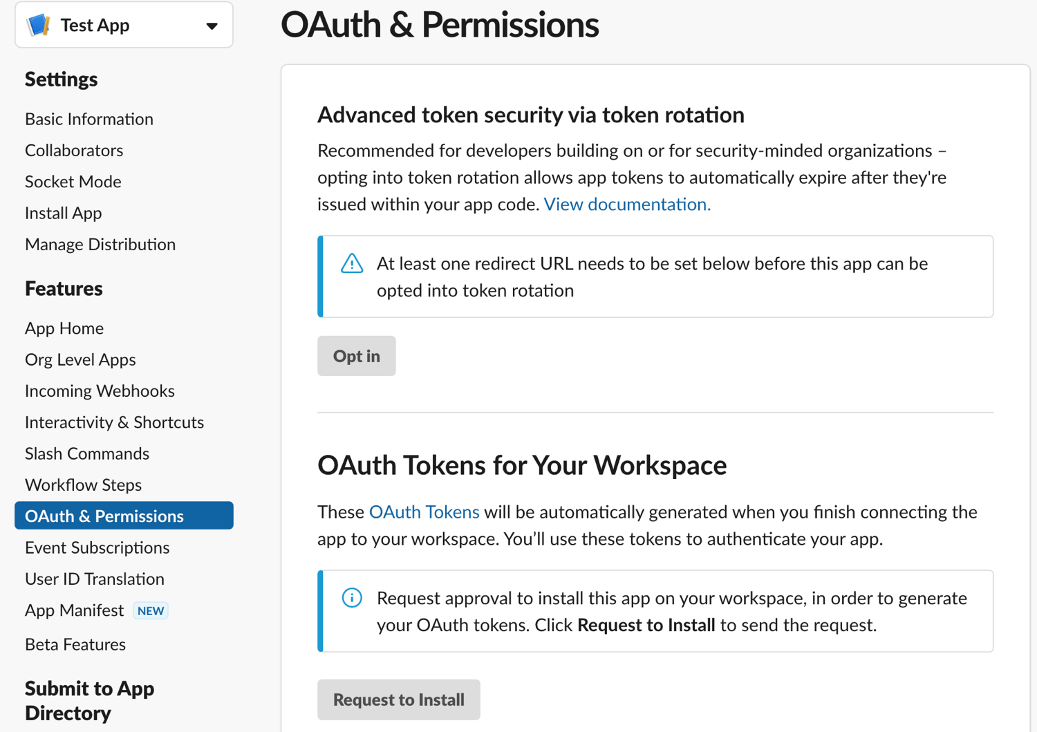 screen shot of the OAuth Tokens step in Slack