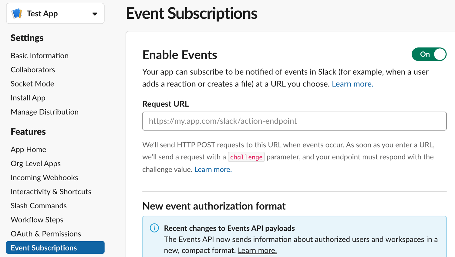 screen shot of the Event Subscriptions panel in Slack