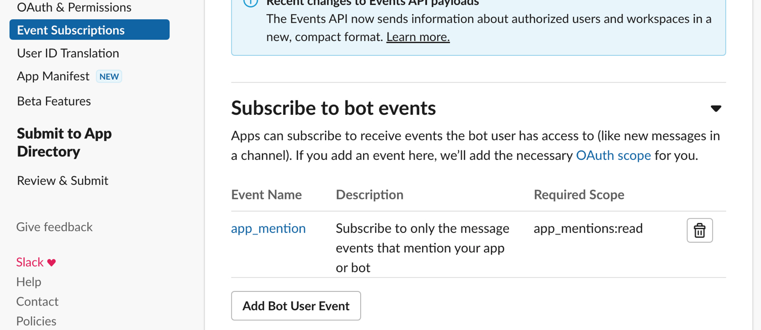 screen shot of the Subscribe to Bot Events step in Slack