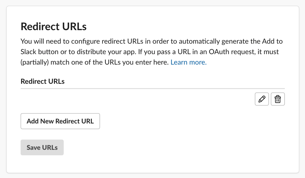 screen shot of the Redirect URLs panel in Slack